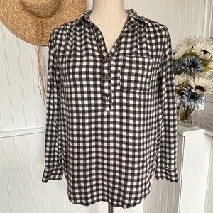 Anthropologie Button Back Tunic Top Black White Gingham Shirt